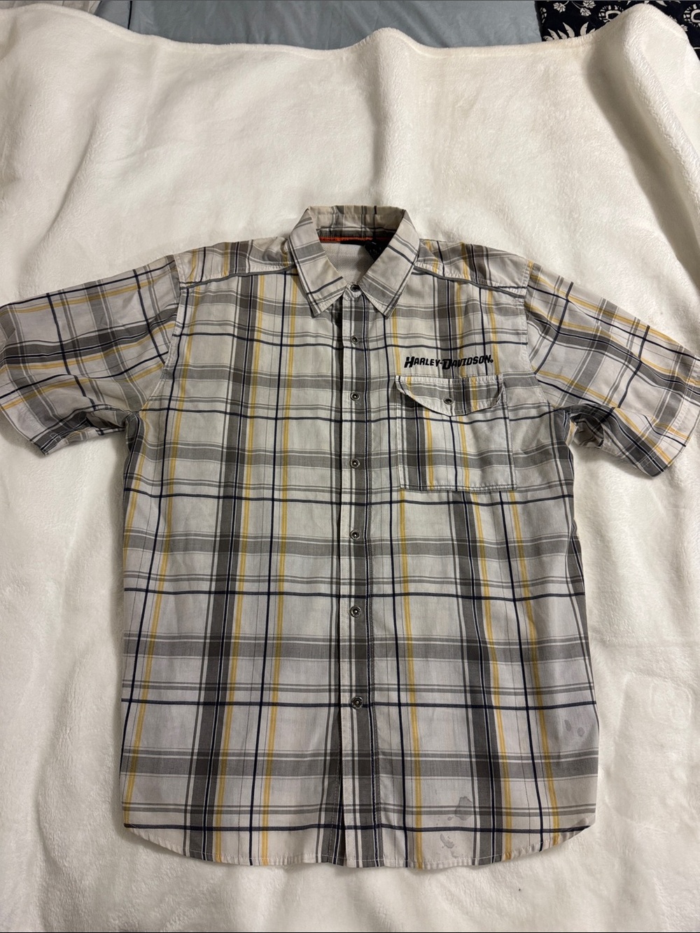 Harley-Davidson Grey and Yellow Plaid Short Sleeve Button Down Shirt, Sz XL